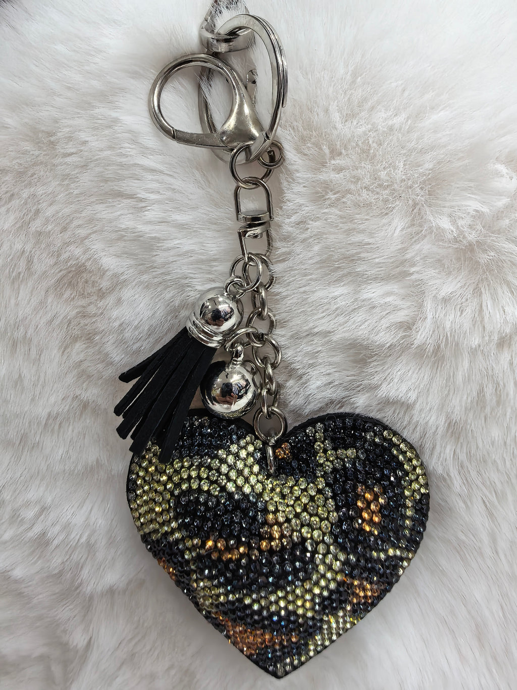 Leopard Print Rhinestone Heart Keychain, Sparkly Tassel Bag Pendant for Ladies