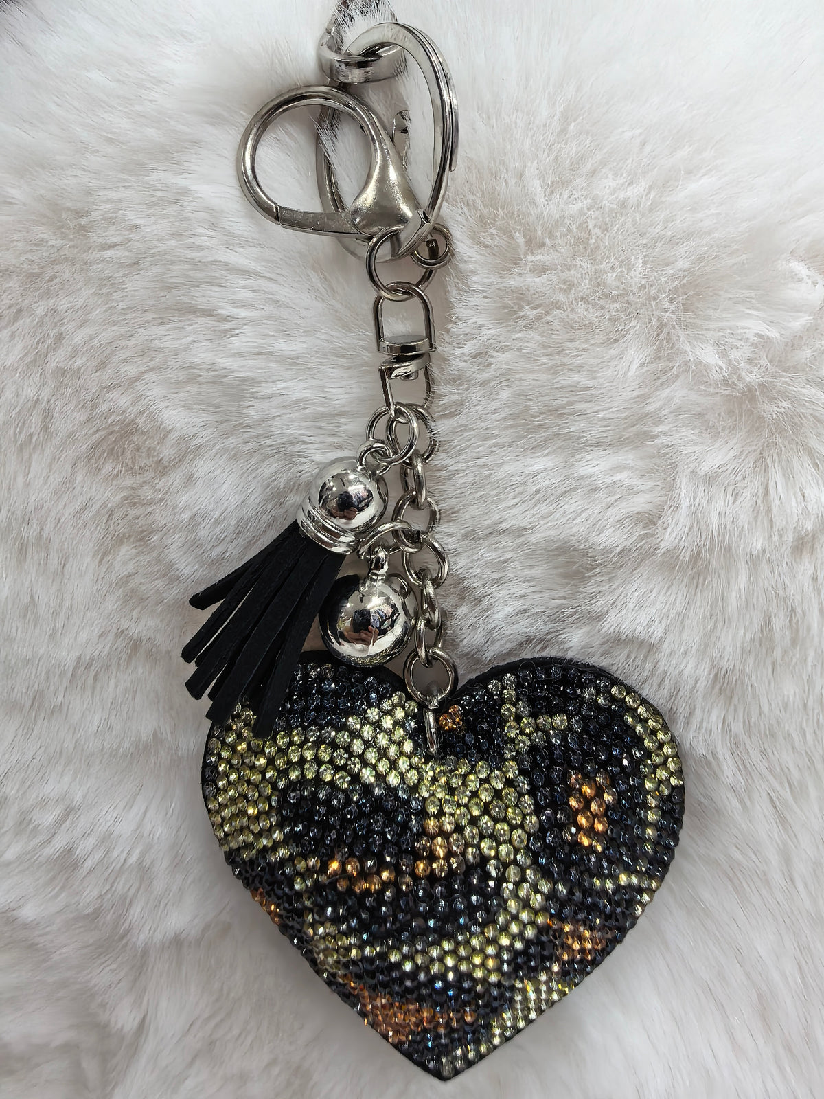 Leopard Print Rhinestone Heart Keychain, Sparkly Tassel Bag Pendant for Ladies