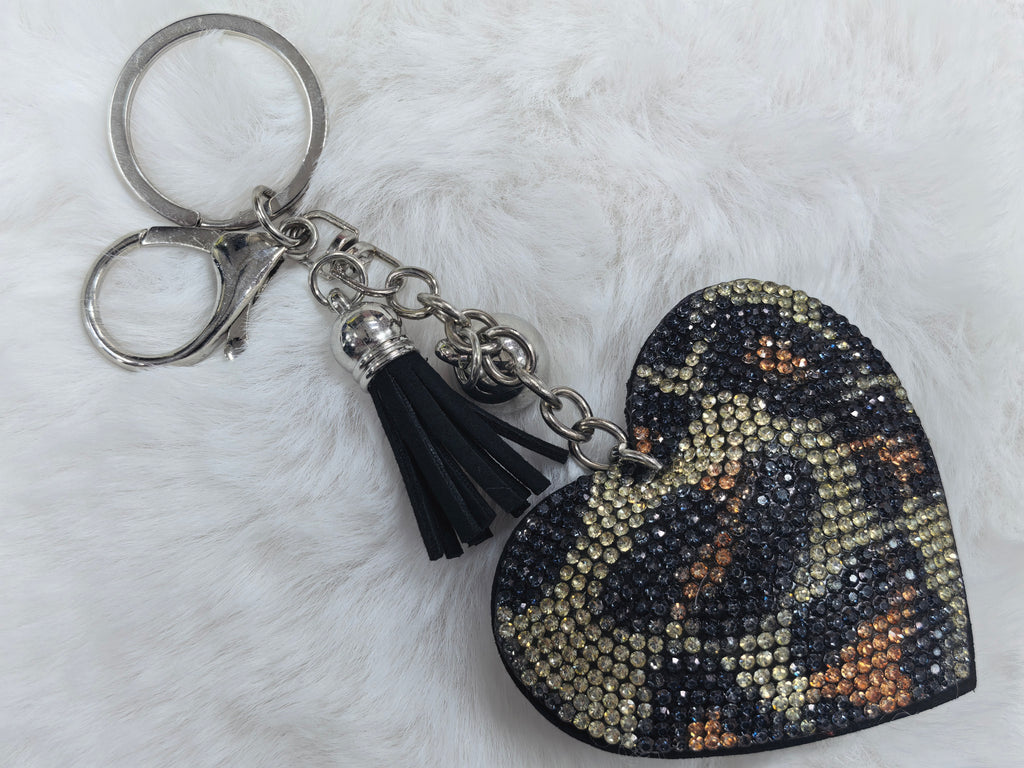 Leopard Print Rhinestone Heart Keychain, Sparkly Tassel Bag Pendant for Ladies