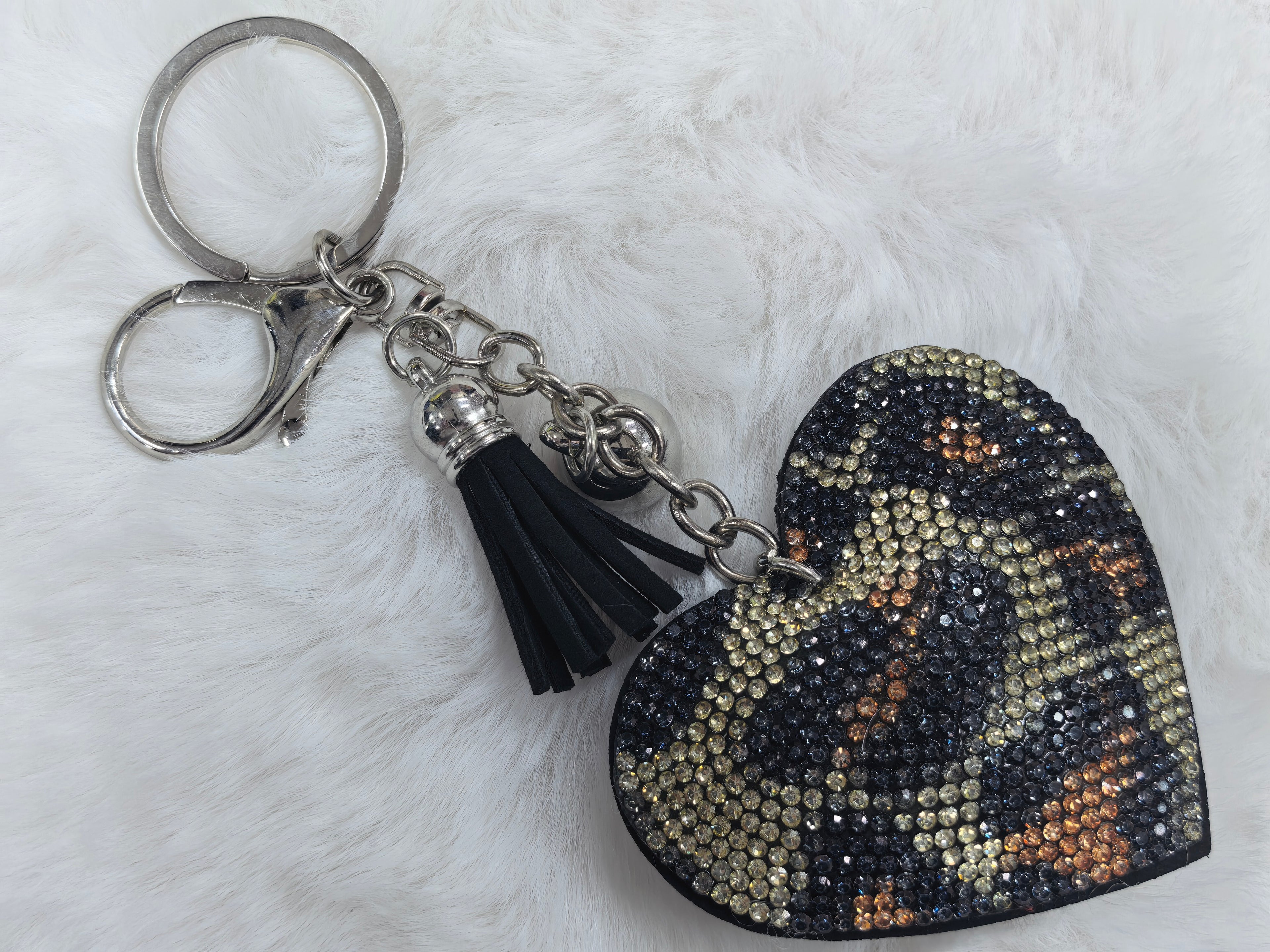 Leopard Print Rhinestone Heart Keychain, Sparkly Tassel Bag Pendant for Ladies