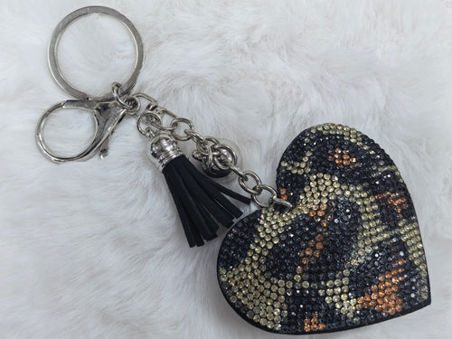 Leopard Print Rhinestone Heart Keychain, Sparkly Tassel Bag Pendant for Ladies