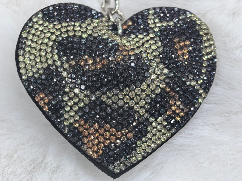 Leopard Print Rhinestone Heart Keychain, Sparkly Tassel Bag Pendant for Ladies