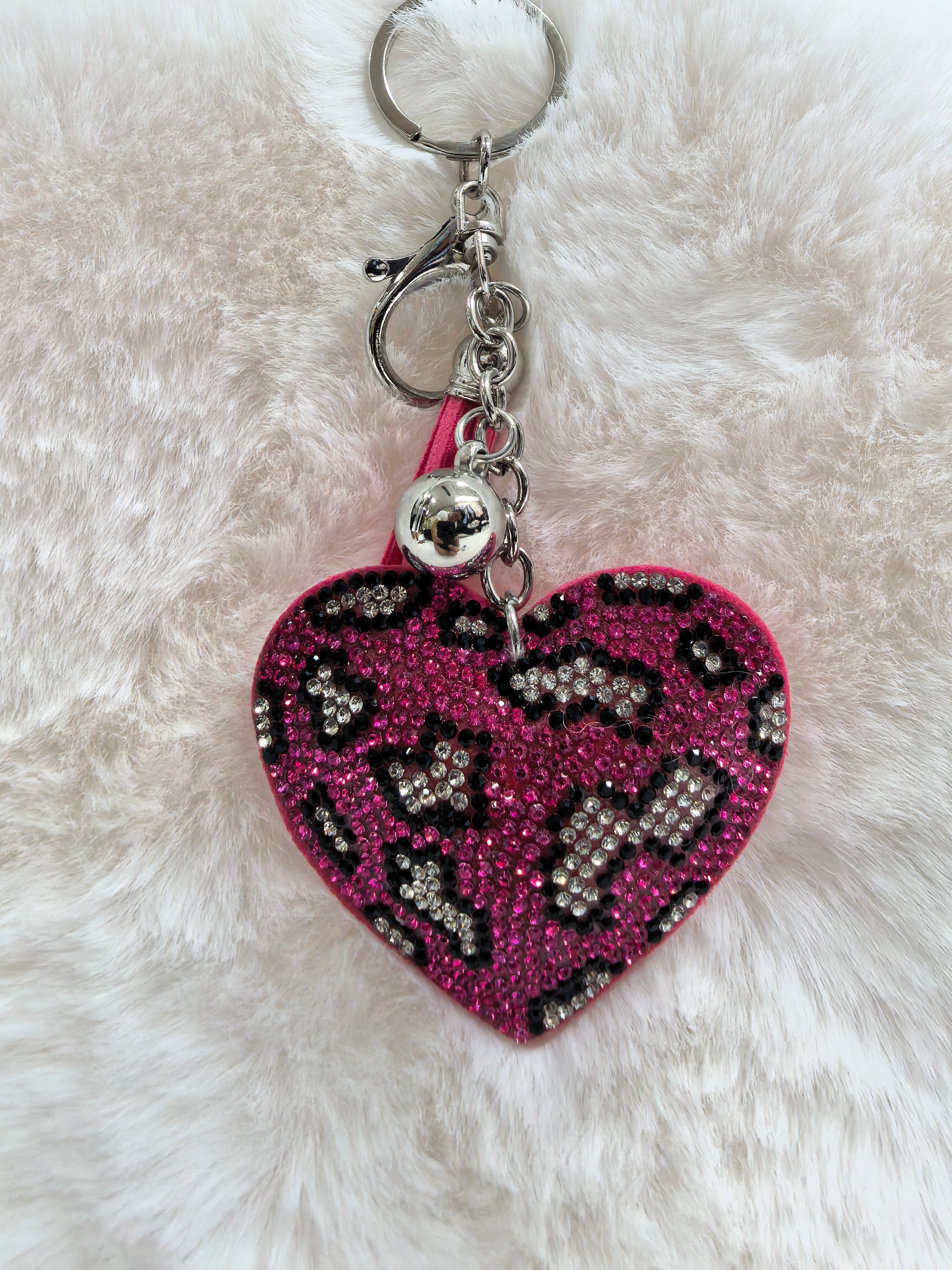 Bling Rhinestone Leopard Print Heart Keychain, Pink Tassel Bag Accessory for Ladies