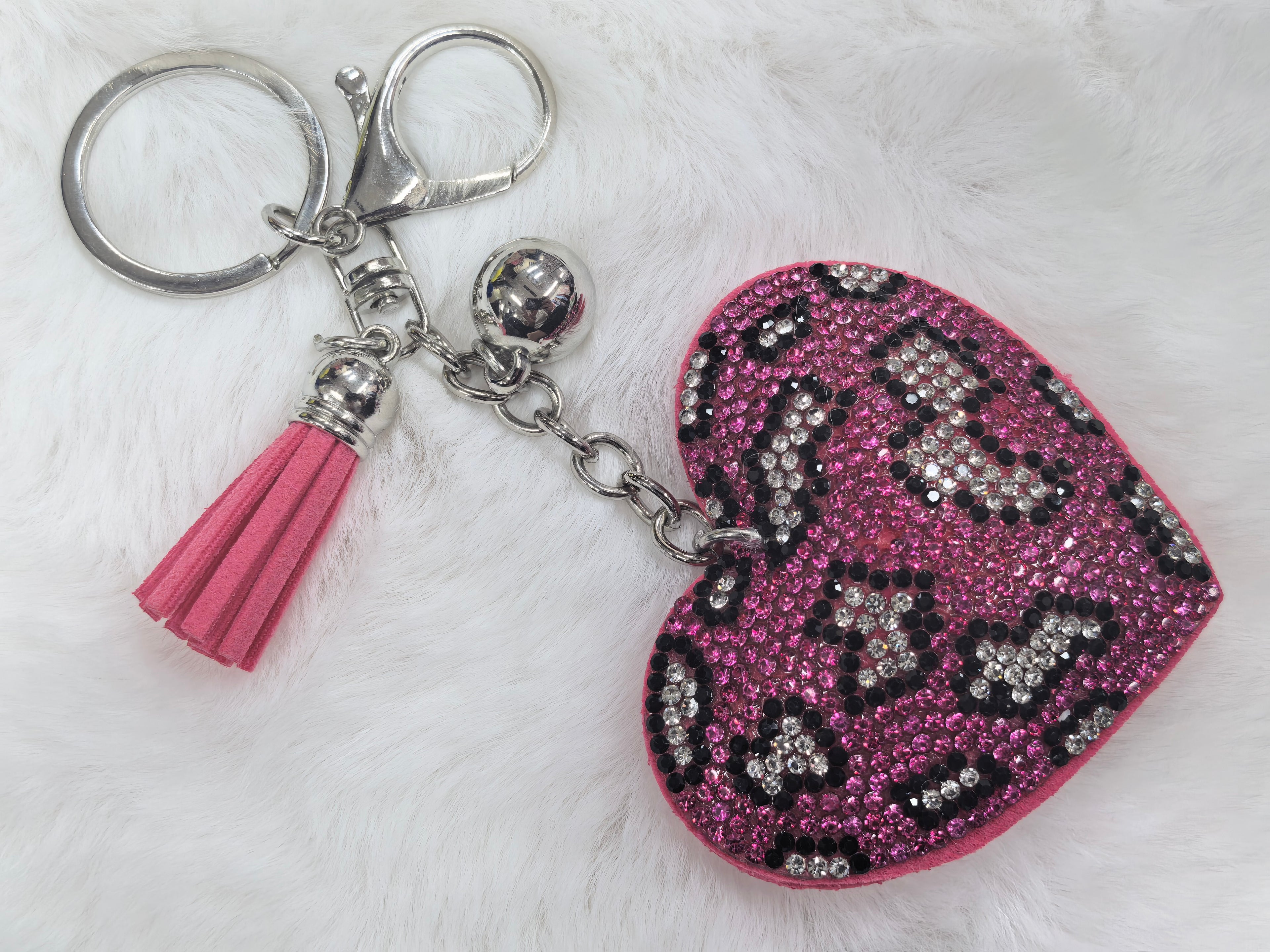 Bling Rhinestone Leopard Print Heart Keychain, Pink Tassel Bag Accessory for Ladies