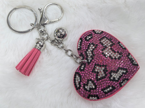 Bling Rhinestone Leopard Print Heart Keychain, Pink Tassel Bag Accessory for Ladies