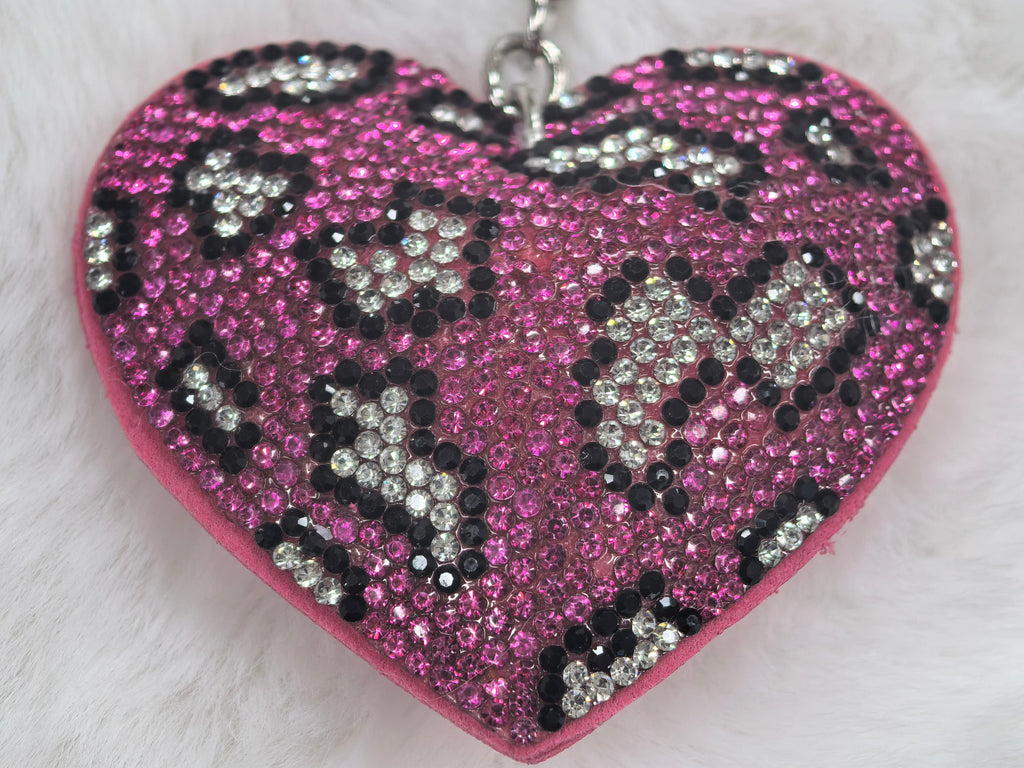 Bling Rhinestone Leopard Print Heart Keychain, Pink Tassel Bag Accessory for Ladies
